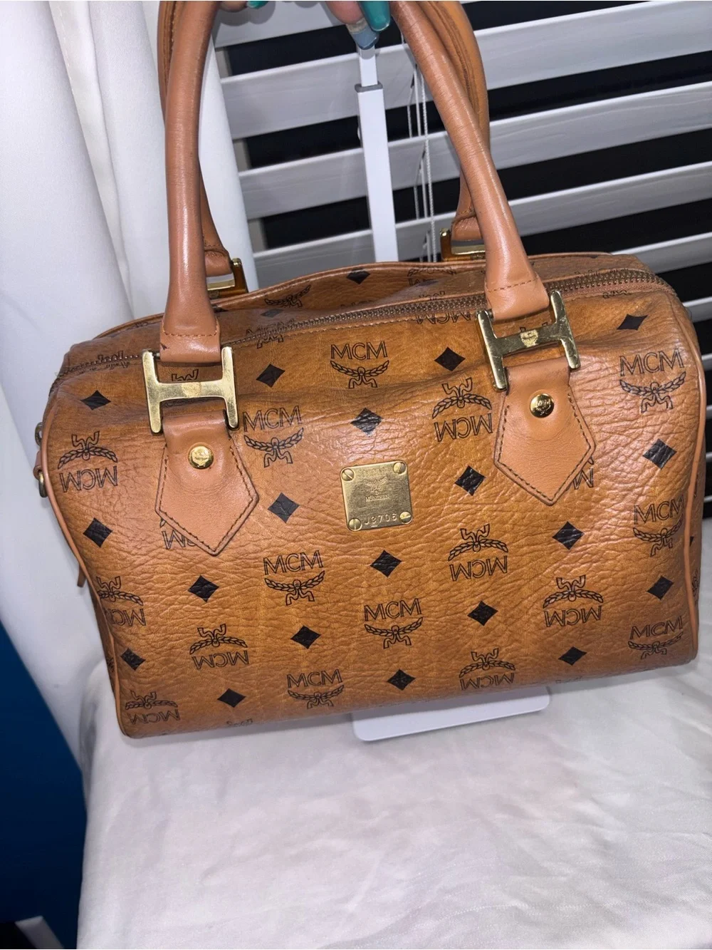 Vintage MCM Cognac Visetos Boston Bag Satchel with Shoulder Strap